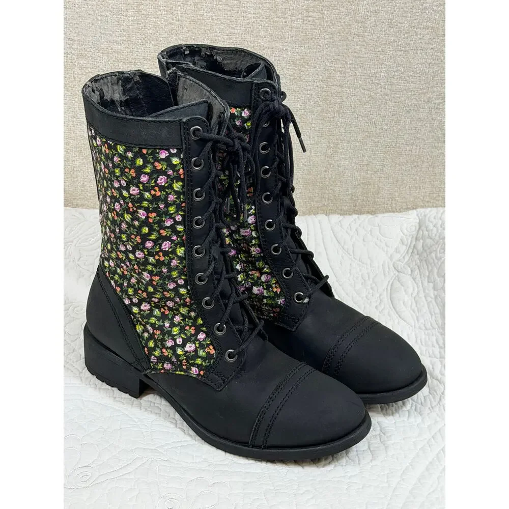 Denim Supply RL Women 8 Black Floral Print Side Zip Lace Up Torie Granny Boots